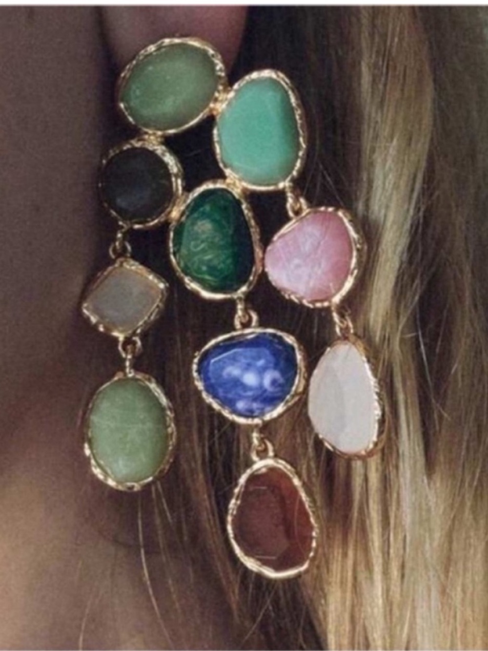 New! Earthy Multicolor Gemstone Gold Drop Earrings (3002) NWOT - Picture 2 of 3